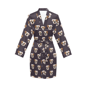 English Bulldog Pattern Print Design 03 Women's Long Sleeve Belted Night Robe