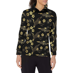 Gold Japanese Theme Pattern Women's Long Sleeve Polo Shirt