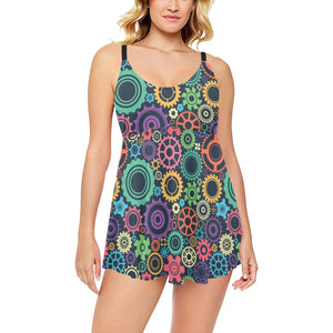 Gear Pattern Print Design 02 Chest Sexy Pleated Two Piece Swim Dress