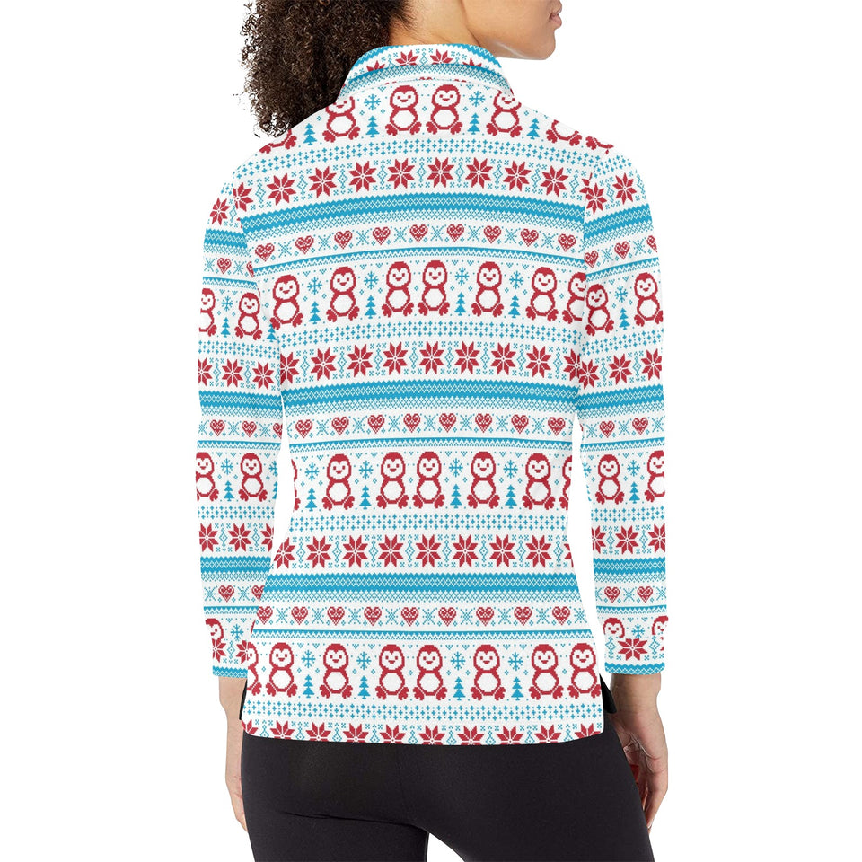 Penguin Sweater Printed Pattern Women's Long Sleeve Polo Shirt