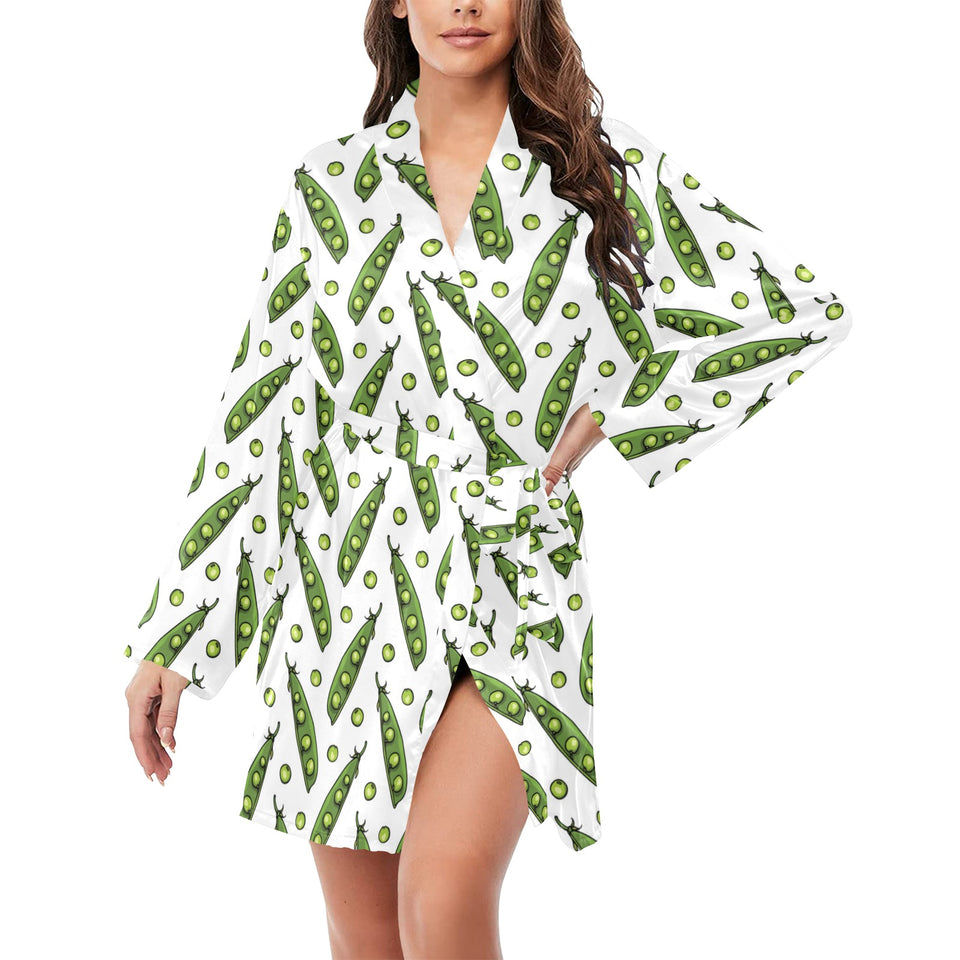 Green Peas Pattern Print Design 03 Women's Long Sleeve Belted Night Robe