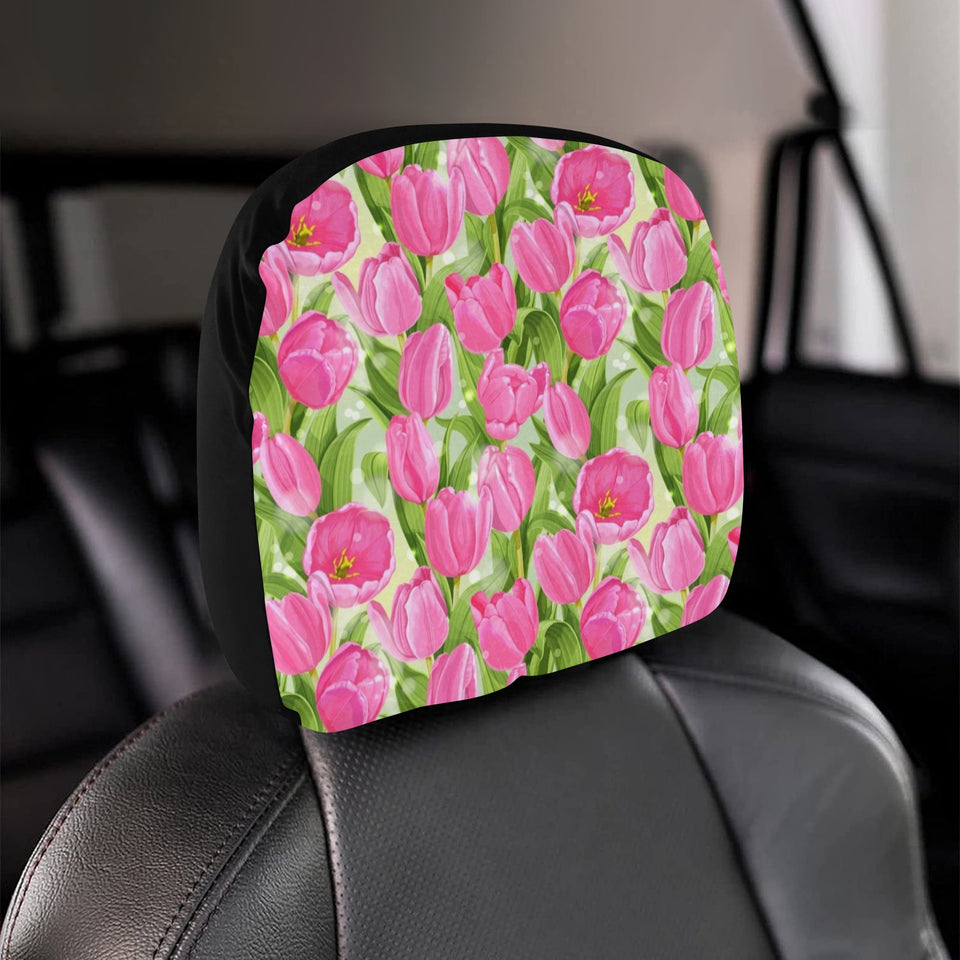 Pink Tulip Pattern Car Headrest Cover