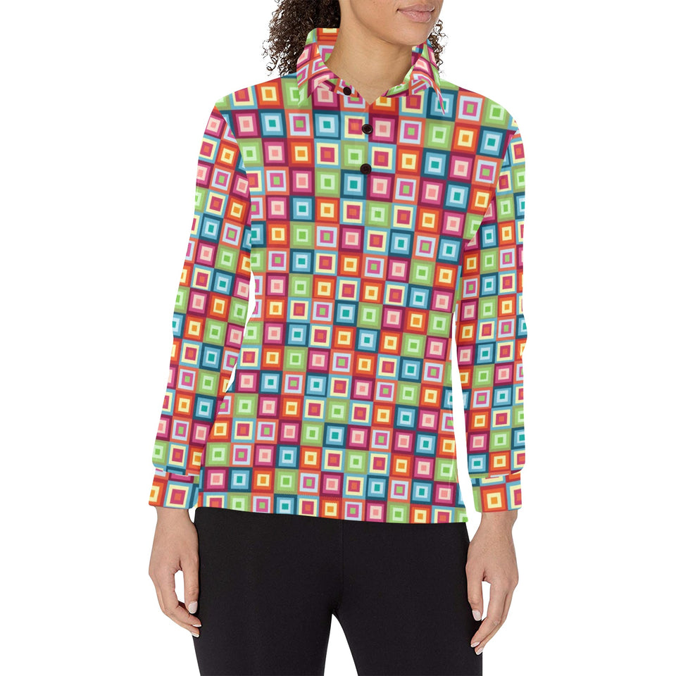 Rainbow Rectancular Pattern Women's Long Sleeve Polo Shirt