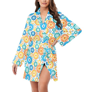 Gear Pattern Print Design 04 Women's Long Sleeve Belted Night Robe