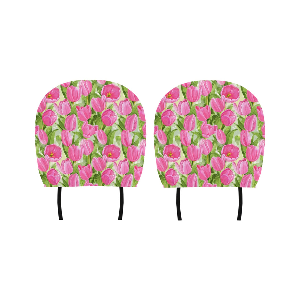 Pink Tulip Pattern Car Headrest Cover