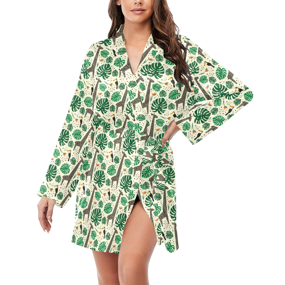 Giraffe Pattern Print Design 02 Women's Long Sleeve Belted Night Robe