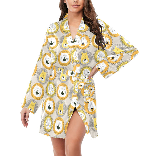 Lion Pattern Print Design 04 Women's Long Sleeve Belted Night Robe