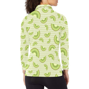 Kiwi Pattern Striped Background Women's Long Sleeve Polo Shirt