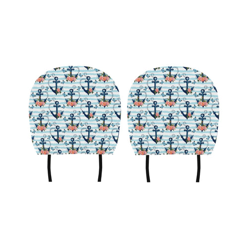 Anchor Flower Blue Stripe Pattern Car Headrest Cover