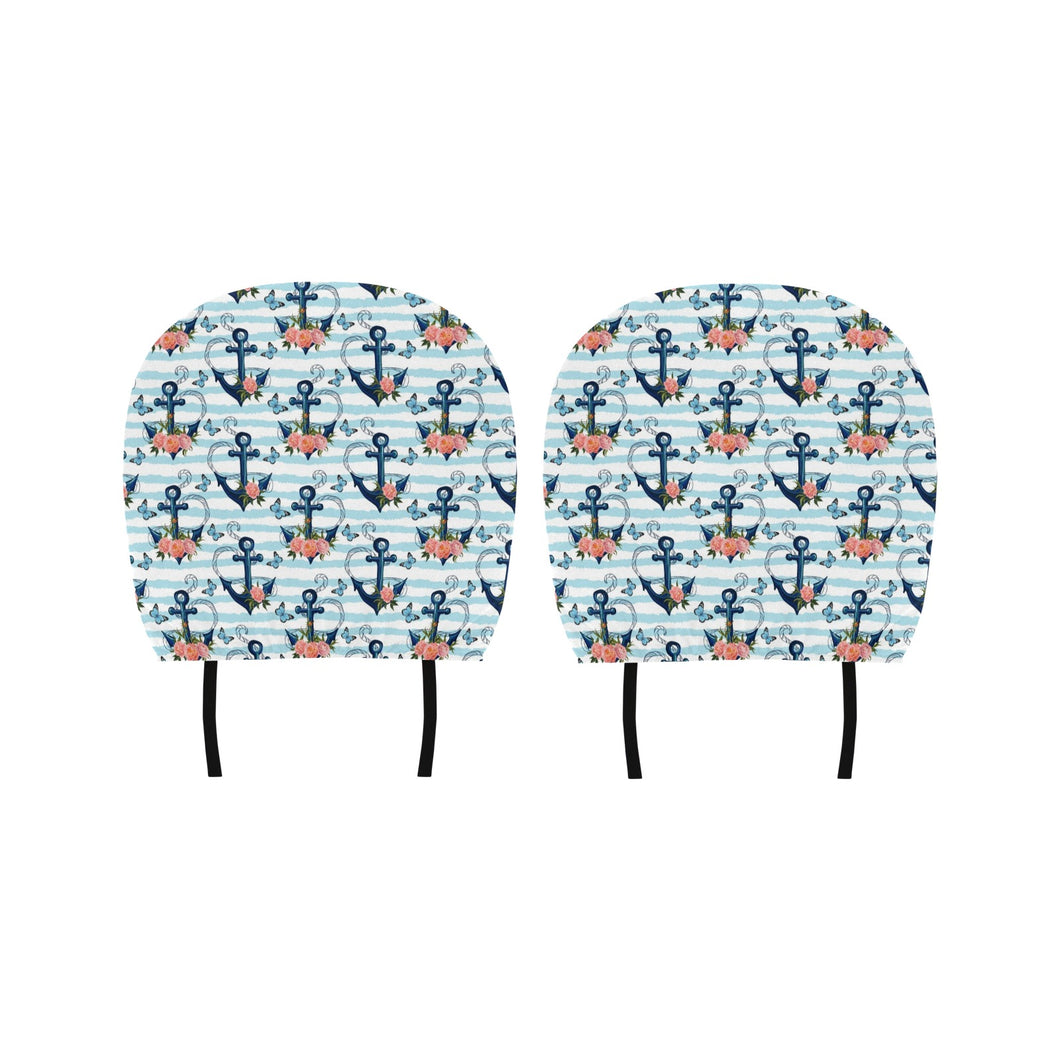 Anchor Flower Blue Stripe Pattern Car Headrest Cover