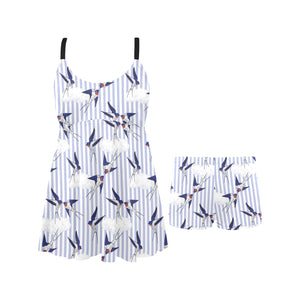 Swallow Pattern Print Design 03 Chest Sexy Pleated Two Piece Swim Dress