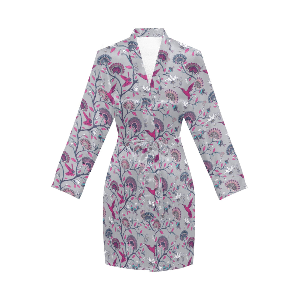 Hummingbird Pattern Print Design 04 Women's Long Sleeve Belted Night Robe