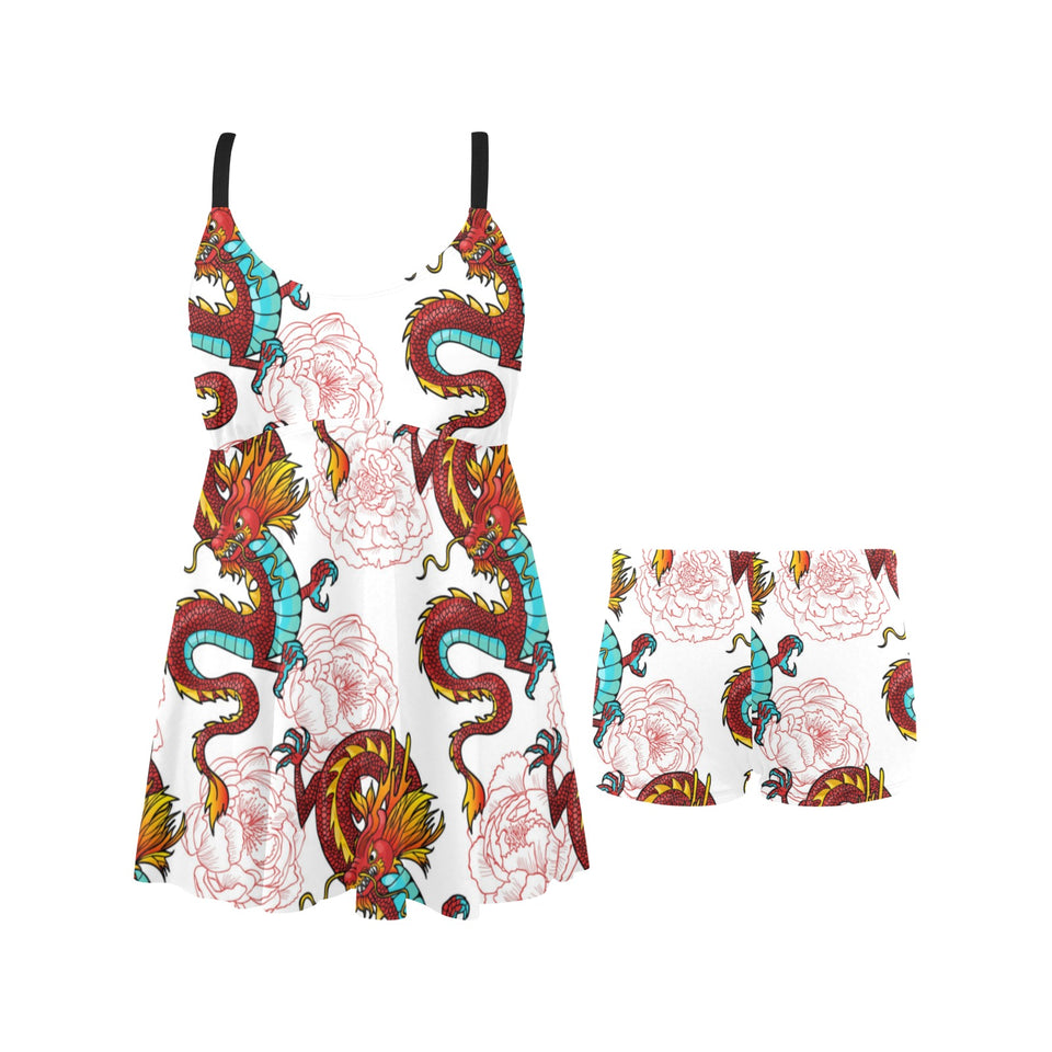 Red Dragon Hibiscus Pattern Chest Sexy Pleated Two Piece Swim Dress