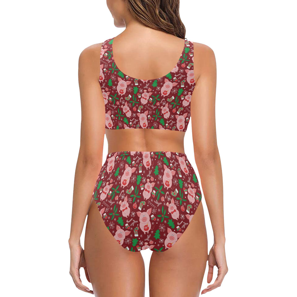 Pig Pattern Print Design 01 Chest Bowknot High Waisted Bikini Swimsuit