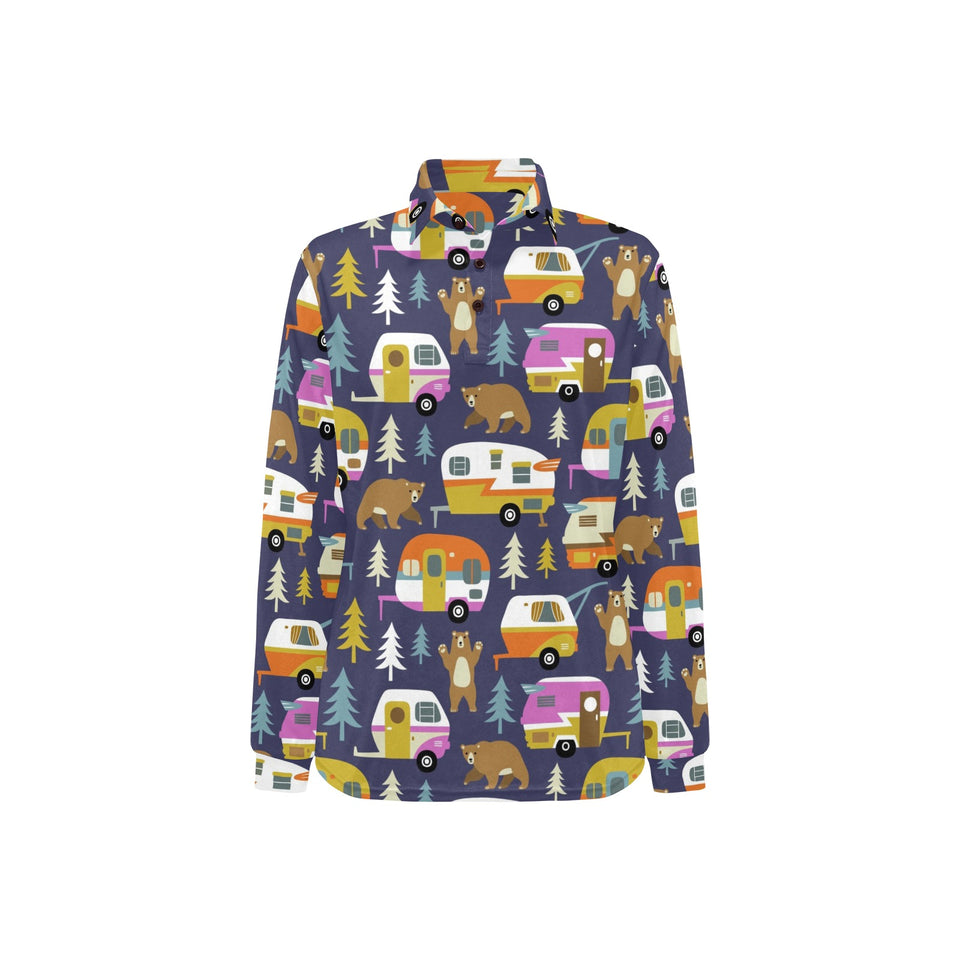 Camper Van Pattern Print Design 02 Women's Long Sleeve Polo Shirt