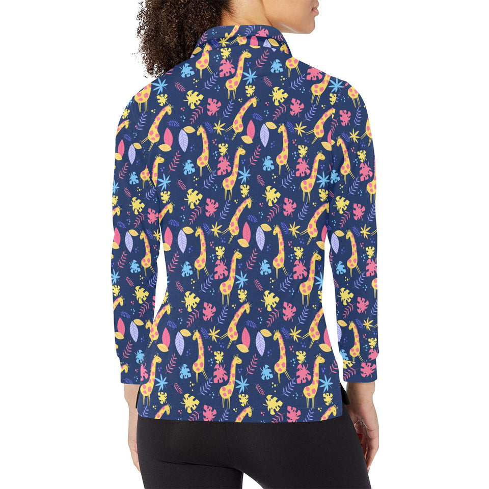 Giraffe Pattern Print Design 04 Women's Long Sleeve Polo Shirt