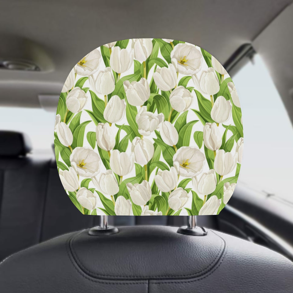 White Tulip Pattern Car Headrest Cover