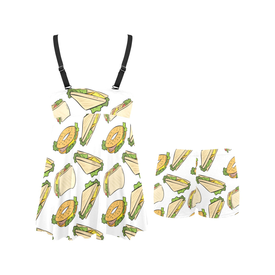 Sandwich Pattern Print Design 05 Chest Sexy Pleated Two Piece Swim Dress