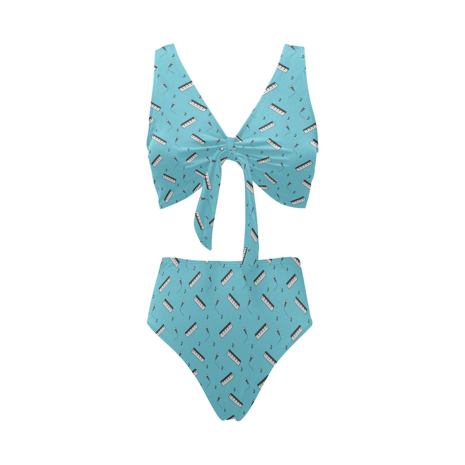 Piano Pattern Print Design 01 Chest Bowknot High Waisted Bikini Swimsuit