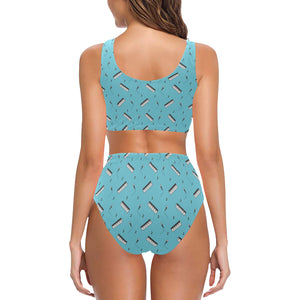 Piano Pattern Print Design 01 Chest Bowknot High Waisted Bikini Swimsuit