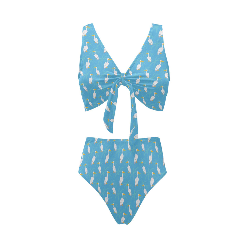 Pelican Pattern Print Design 02 Chest Bowknot High Waisted Bikini Swimsuit