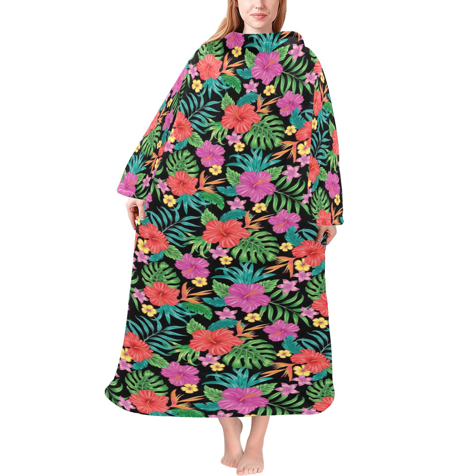 Hibiscus Pattern Print Design 01 Blanket Robe with Sleeves