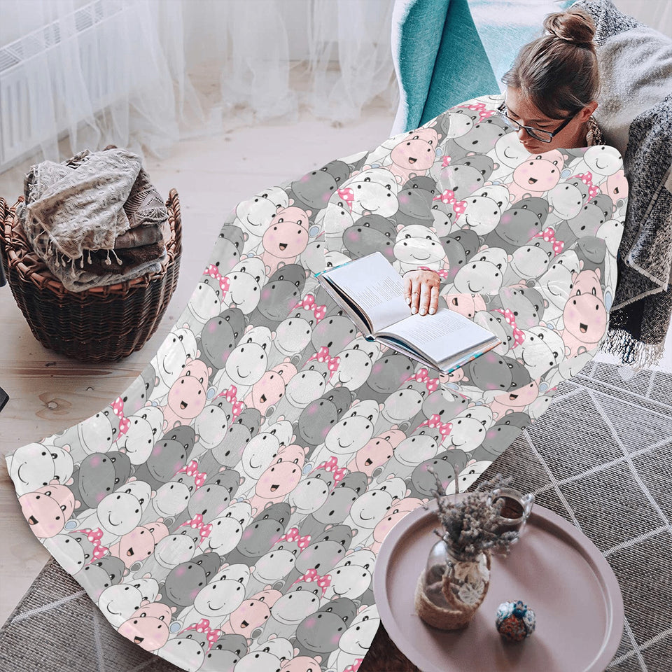 Hippopotamus Pattern Print Design 03 Blanket Robe with Sleeves