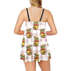 Hamburger Pattern Print Design 03 Chest Sexy Pleated Two Piece Swim Dress