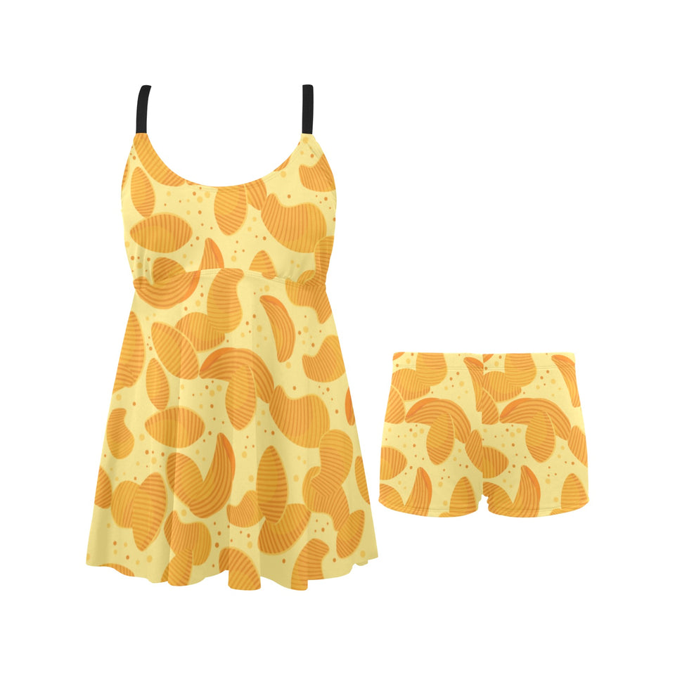 Potato Chips Pattern Print Design 04 Chest Sexy Pleated Two Piece Swim Dress