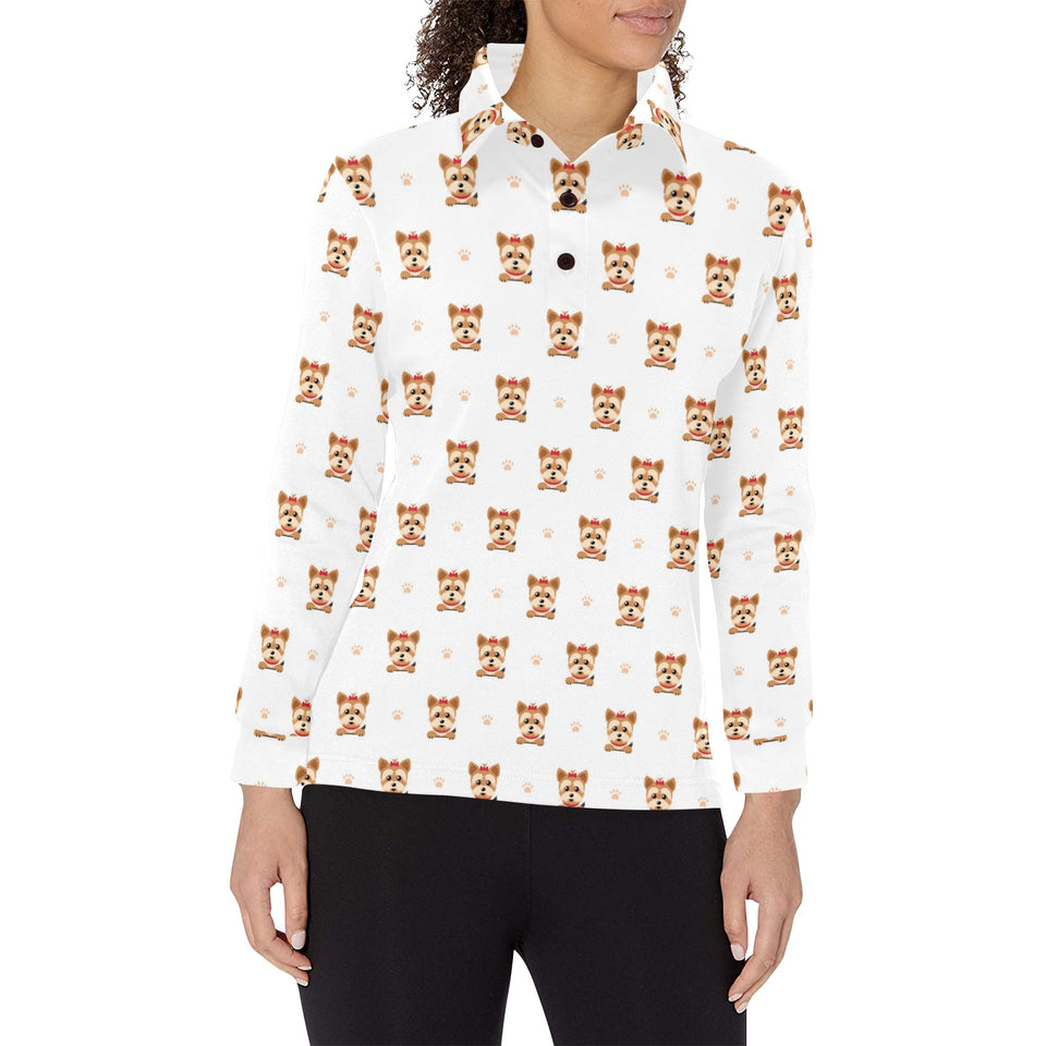 Yorkshire Terrier Pattern Print Design 03 Women's Long Sleeve Polo Shirt