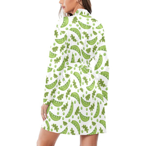 Green Peas Pattern Print Design 02 Women's Long Sleeve Belted Night Robe