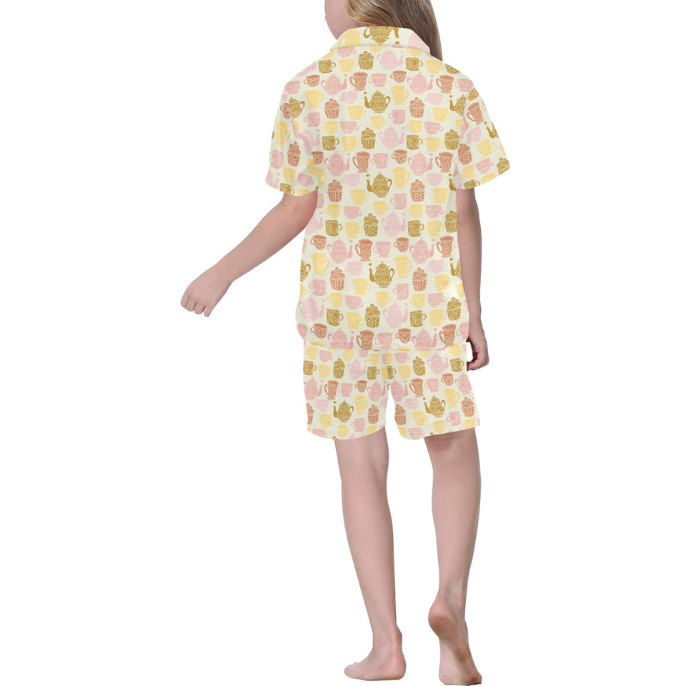 Tea pots Pattern Print Design 02 Kids' Boys' Girls' V-Neck Short Pajama Set