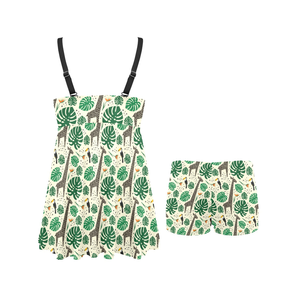 Giraffe Pattern Print Design 02 Chest Sexy Pleated Two Piece Swim Dress