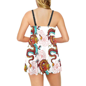 Red Dragon Hibiscus Pattern Chest Sexy Pleated Two Piece Swim Dress