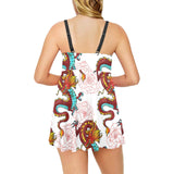 Red Dragon Hibiscus Pattern Chest Sexy Pleated Two Piece Swim Dress