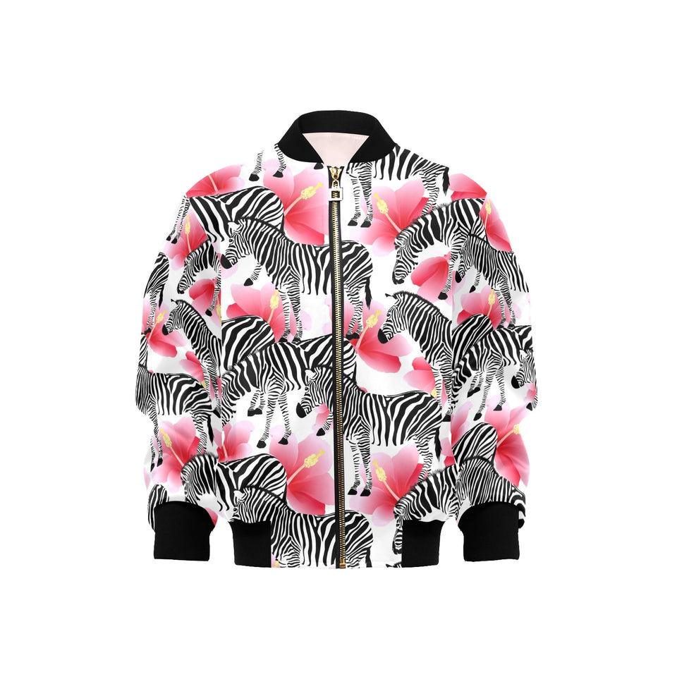 Zebra Red Hibiscus Pattern Kids' Boys' Girls' Bomber Jacket