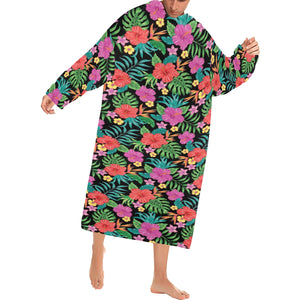 Hibiscus Pattern Print Design 01 Blanket Robe with Sleeves