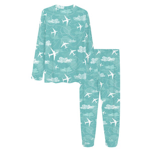 Airplane Cloud Pattern Green Background Women's All Over Print Pajama Set