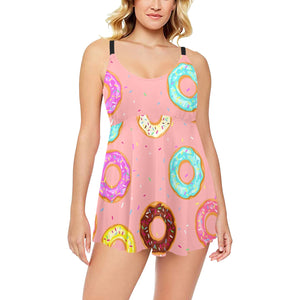 Donut Pattern Pink Background Chest Sexy Pleated Two Piece Swim Dress