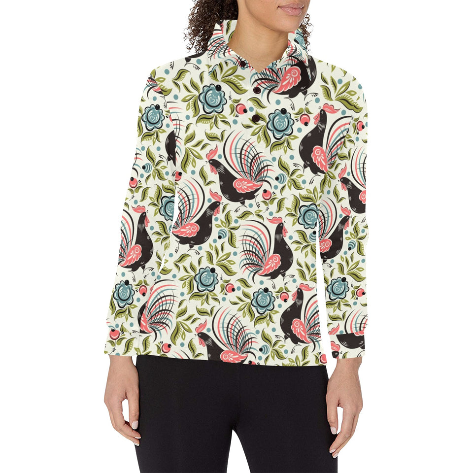 Rooster Chicken Leaves Pattern Women's Long Sleeve Polo Shirt