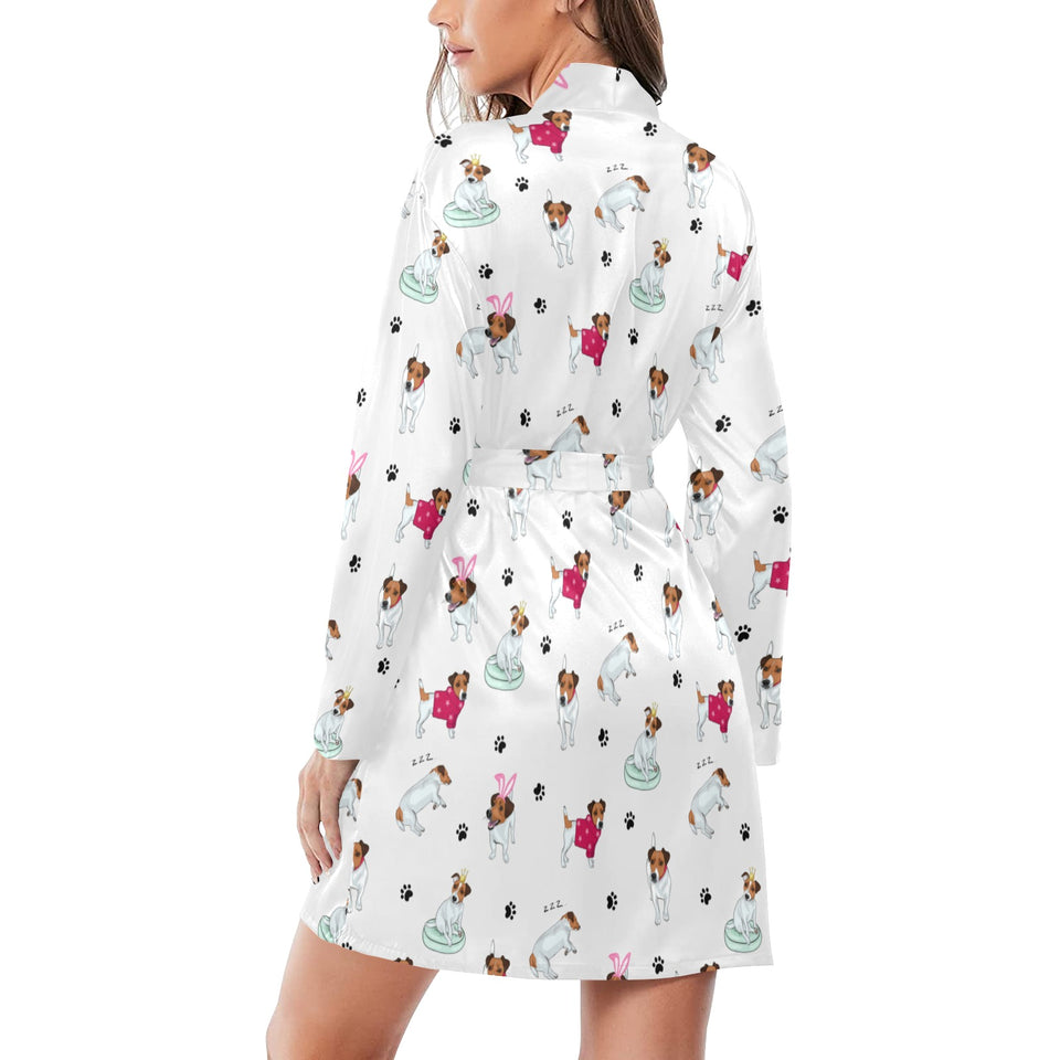 Jack Russel Pattern Print Design 03 Women's Long Sleeve Belted Night Robe