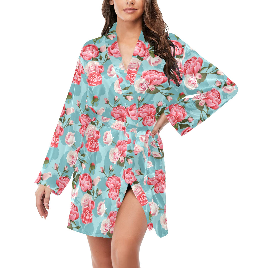 Rose Pattern Print Design 03 Women's Long Sleeve Belted Night Robe