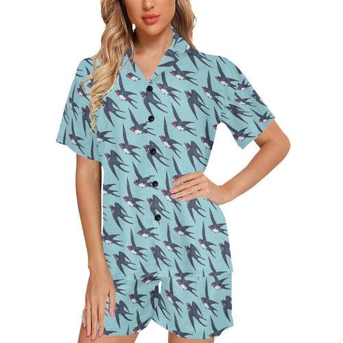 Swallow Pattern Print Design 01 Women's V-Neck Short Pajama Set