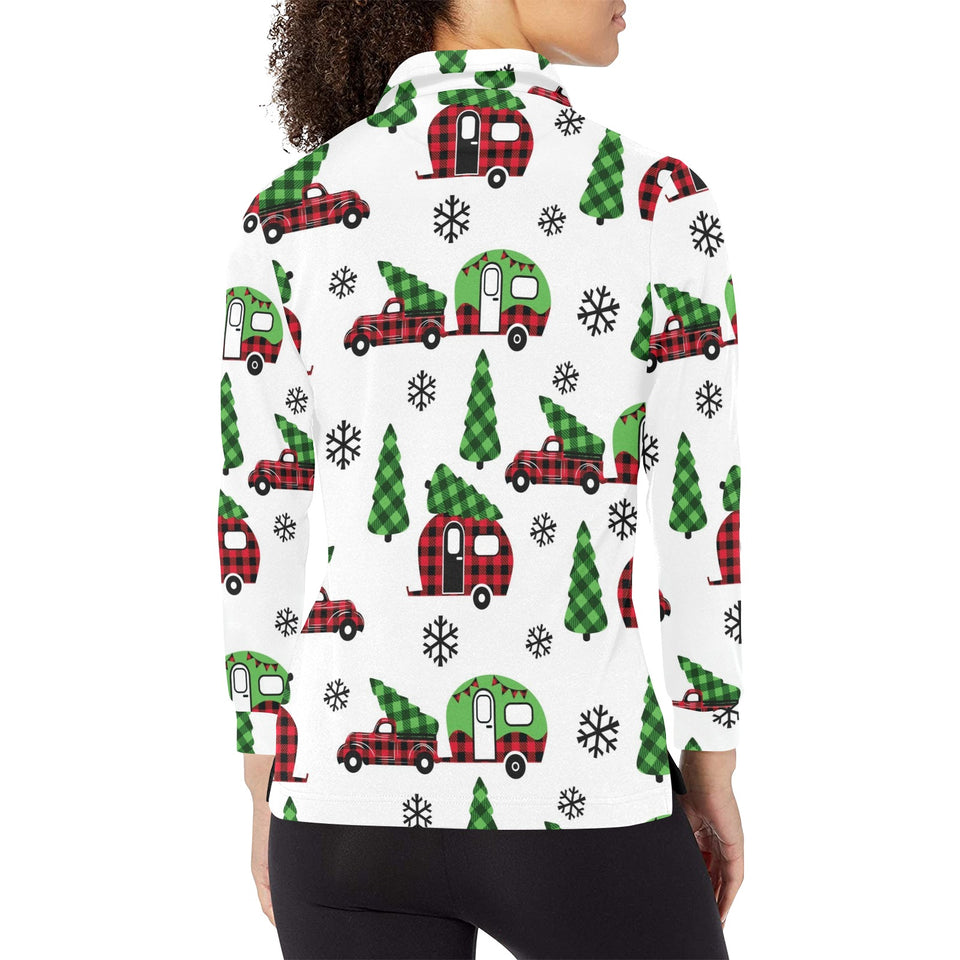 Camper Van Pattern Print Design 05 Women's Long Sleeve Polo Shirt