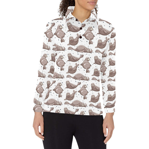 Sea Lion Pattern Background Women's Long Sleeve Polo Shirt