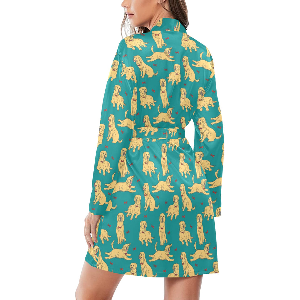 Golden Retriever Pattern Print Design 05 Women's Long Sleeve Belted Night Robe