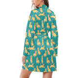 Golden Retriever Pattern Print Design 05 Women's Long Sleeve Belted Night Robe