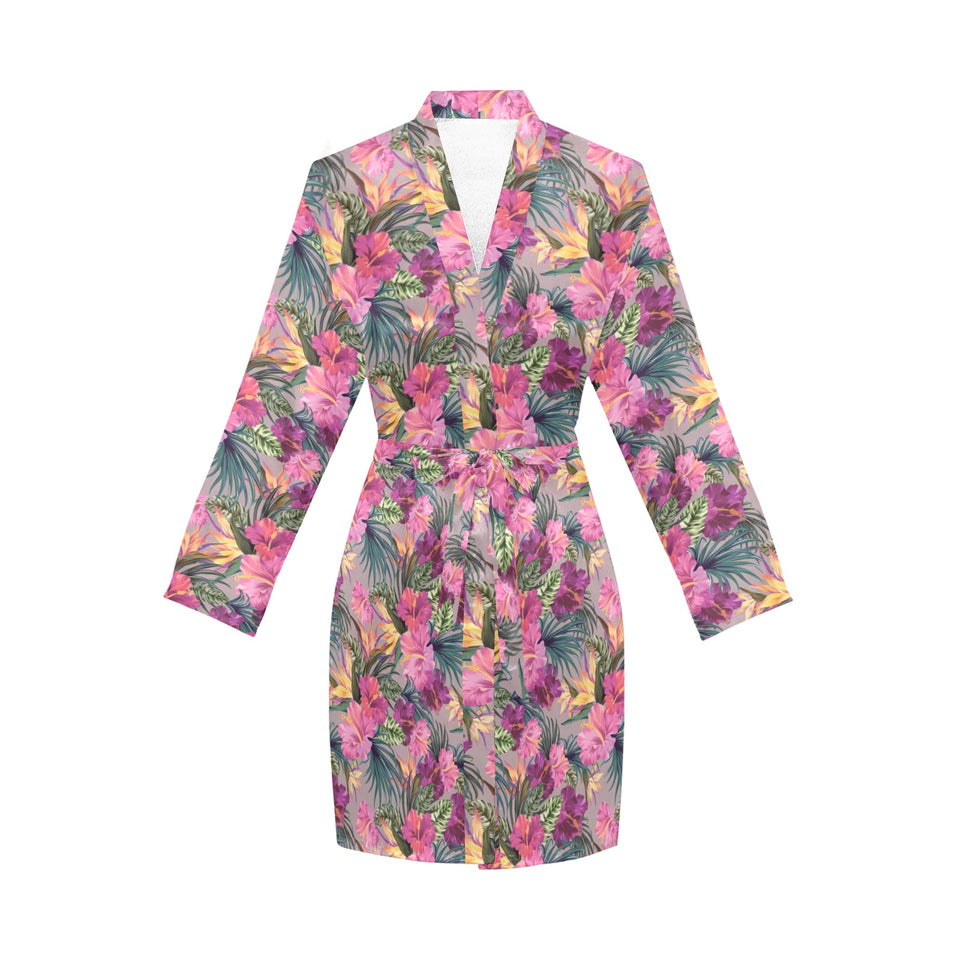 Hibiscus Pattern Print Design 03 Women's Long Sleeve Belted Night Robe