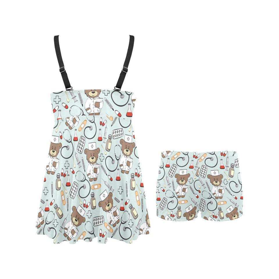 Teddy Bear Pattern Print Design 02 Chest Sexy Pleated Two Piece Swim Dress