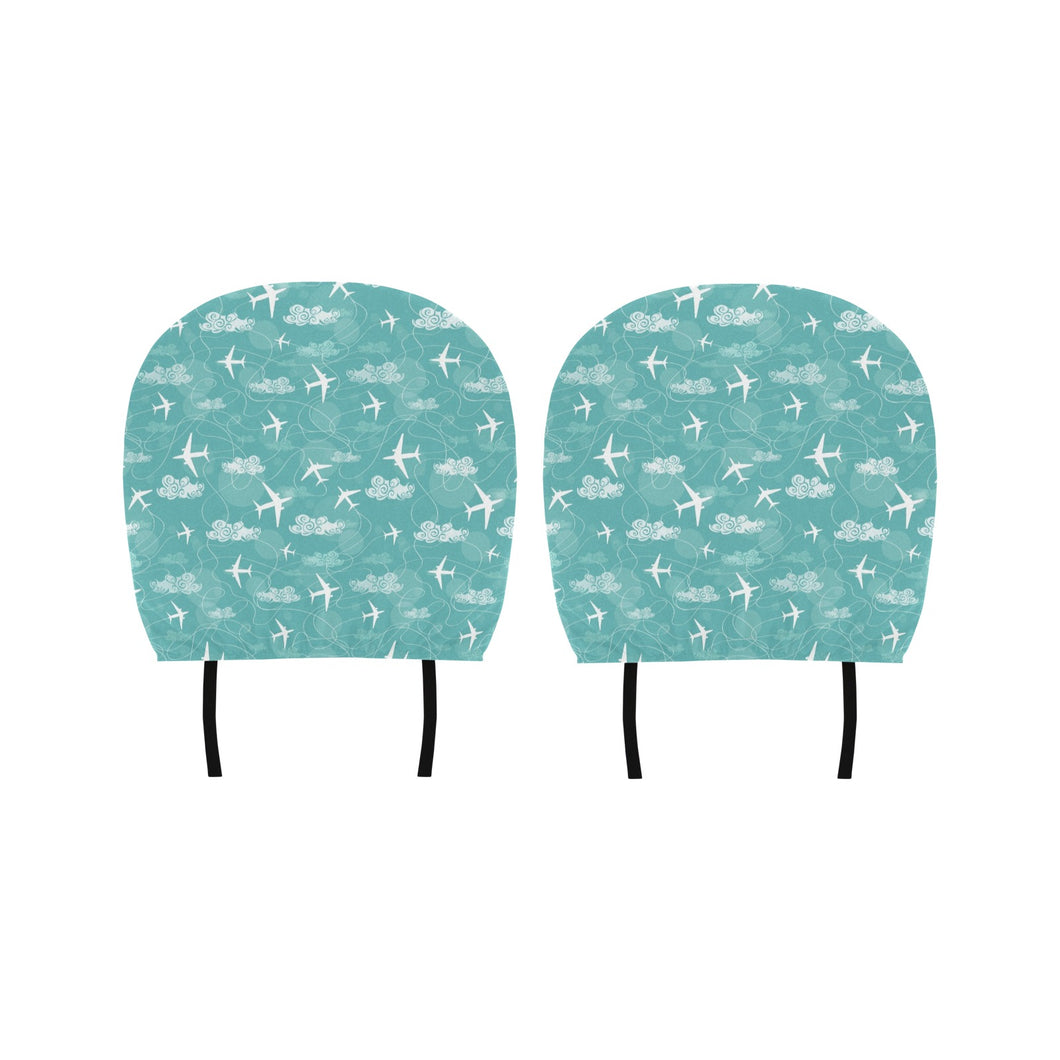 Airplane Cloud Pattern Green Background Car Headrest Cover